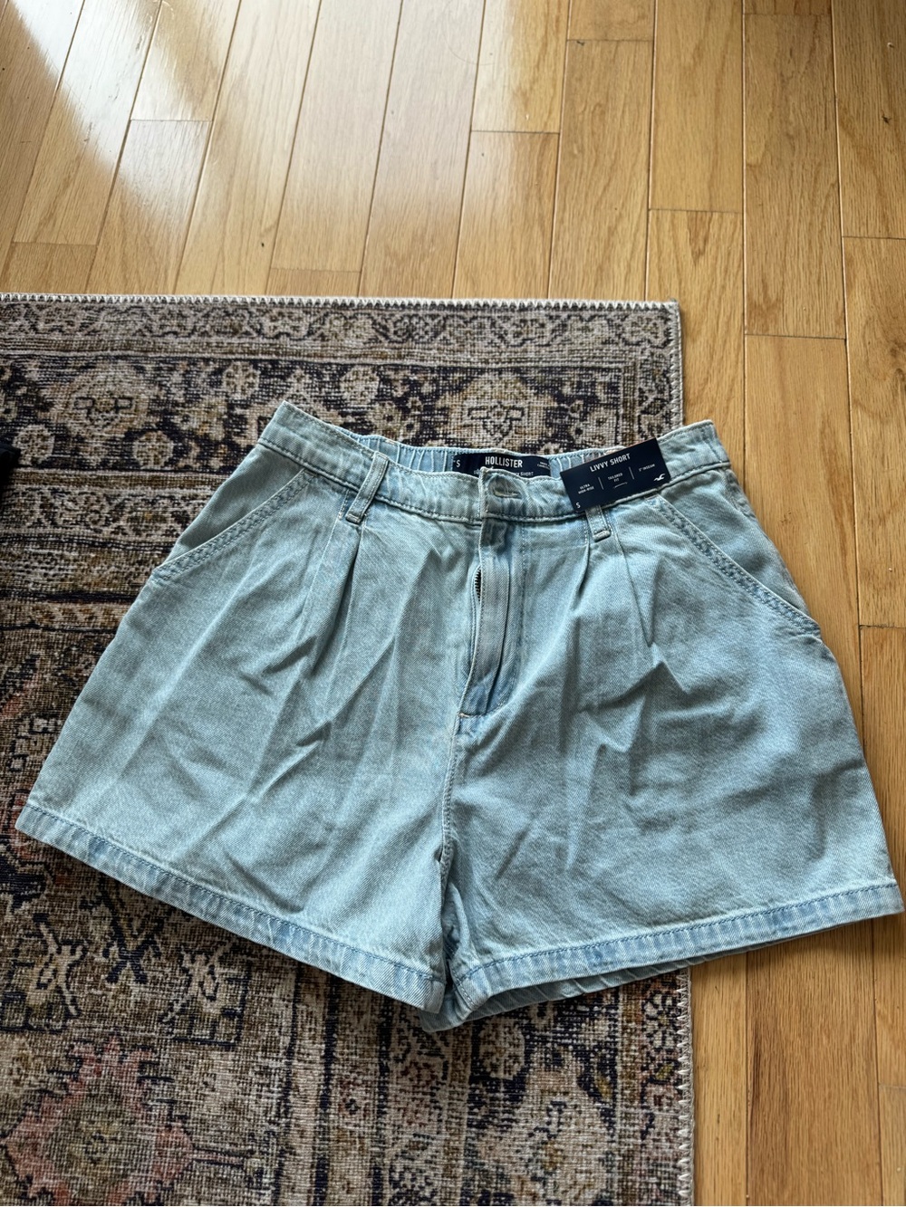 Hollister Women's Pale Blue Pleated Denim-Style Shorts